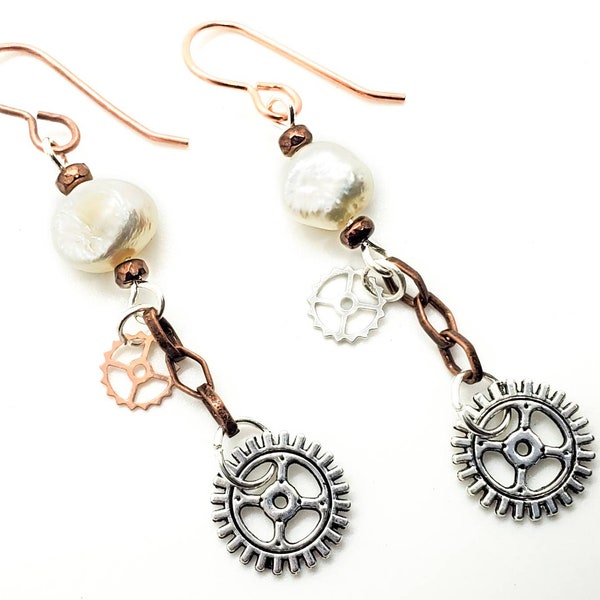 Steam Punk earrings with Australian freshwater pearls, clock gears, bronze beveled Czezh glass beads and rose gold hooks