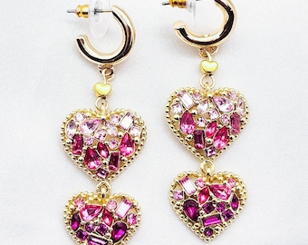 heart earrings. jewel hearts. Pink hearts. stone hearts. Crystal hearts. love earrings. heart layers. gold earrings. gold hearts. gift love.