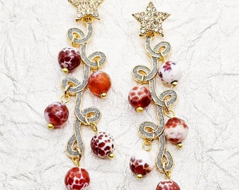 Carnelian earrings. Dalmatian stones. Polished stone. Carnelian jewelry. Carnelian. Handmade. Statement earrings. Star jewelry. Gift ideas.