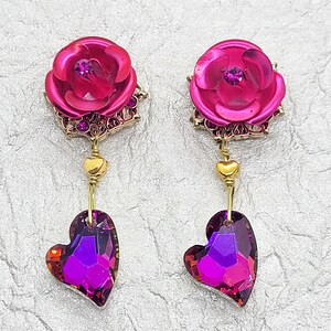 Rose earrings. Pink. Purple. Crystal earrings. Crystal heart. Lightweight. Gold earrings. Bold earrings. Dangle earrings. Purple crystal.