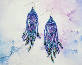Beaded peacock colored Czezh glass seed beads earrings for women with 925 sterling silver hooks. Long statement earrings. Festival earrings.