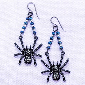 Black metal and crystal spiders with blue iridescent crystals and silver Czech glass beads earrings for women. Halloween earrings.