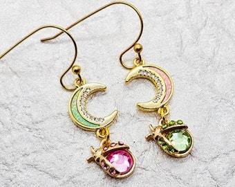 Opal earrings. Opal moons. Crystal earrings. Asymmetrical earrings. Pink earrings. Green earrings. Handmade. Gold earrings. Spring. Ladybug.