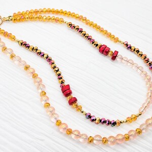 Phoenix Rising necklace with bamboo coral, gold and Czech glass beads multi-strand beaded necklace for women