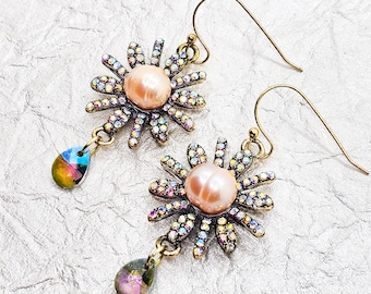 Pearl earrings. Pink pearl. Real pearl. Crystal earrings. Rainbow crystals. Swarovski crystals. Star burst. Statement earrings. Australian.