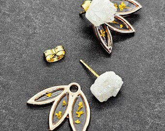Crystal earrings. Earring jackets. Resin flowers. Gold earrings. Behind the ear. Earring backs. Real flowers. Handmade. Crystal quartz.