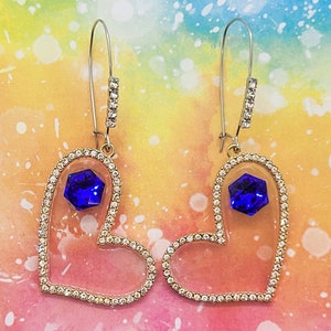 Crystal heart earrings. Blue crystals. Hexagon crystals. Heart earrings. Floating crystals. Resin earrings. Love. Gift for wife. Handmade.