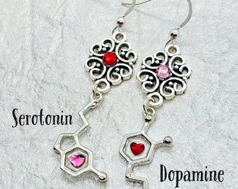 Love earrings. Heart earrings. Serotonin. Dopamine. Silver earrings. Handmade. Asymmetrical. Crystal hearts. Chemical. Science. Valentines.