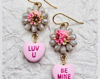 valentine's heart. heart earrings. heart message. vintage. Crystal earrings. Pink. Pink hearts. love earrings. Be Mine. Love You. handmade.