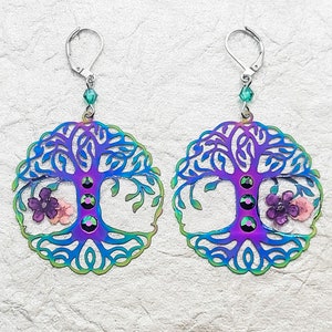 Tree of Life. Tree earrings. Tree of Life earrings. Crystal earrings. Rainbow metal. Dried flower. Swarovski crystal. Lightweight earrings.