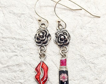 Rose earrings. Silver earrings. Lips earrings. Glamor. Lipstick. Crystal earrings. Fun earrings. Valentine's. Gift. Lightweight. Handmade.