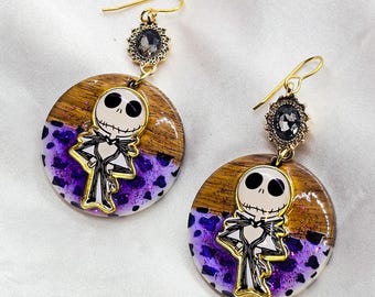 Nightmare Before Christmas. Jack Pumpkin king. Halloween earrings. cult classic. wood earrings. purple earrings. mystic. black crystals.
