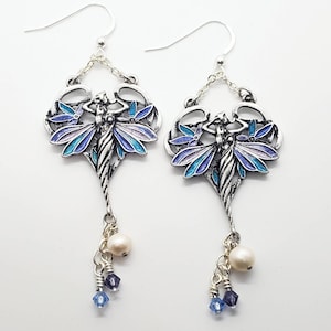Silver fairies with hand-painted metallic resin wings, freshwater pearl and Swarovski crystal drops with sterling silver hooks earrings