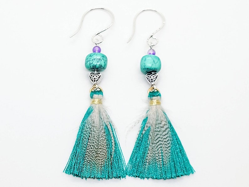 Large turquoise with sterling silver celtic knot hearts amethysts and tassels with pheasant feathers and 925 sterling silver hooks earrings