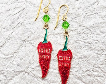Chili pepper earrings. Red earrings. Love jewelry. Fun jewelry. Red glitter. Pepper earrings. Handmade. Green crystals. Spicy.Gift for women