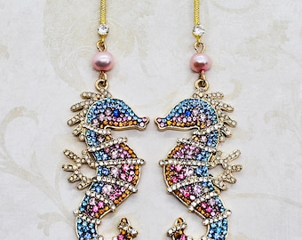 Seahorse earrings. Pink pearl. Pearl earrings. Pearl jewelry. Australian pearls. Rainbow. Colorful crystals. Wedding. Unique jewelry. Gold.