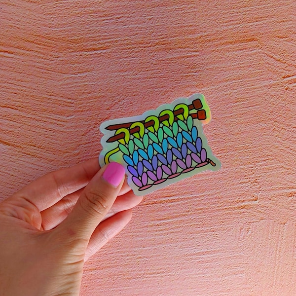Knitting Sticker, Rainbow - holographic die cut vinyl,  gift for knitter, crafter, yarn lover.