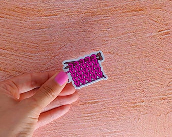 Sticker: Knitting, Pink - die cut vinyl sticker; gift for knitter, crafter, yarn lover.