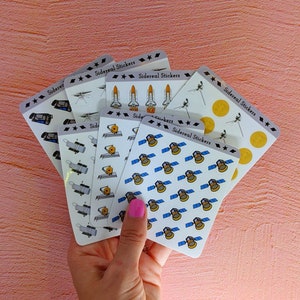 Ministickervellen: telescopen, missies en ruimtevaart. Klein kiss-cut stickervel, perfect voor bullet journals en toetsenborden!
