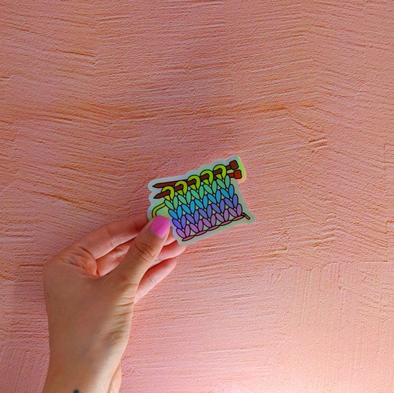 Knitting Sticker, Rainbow - holographic die cut vinyl,  gift for knitter, crafter, yarn lover.