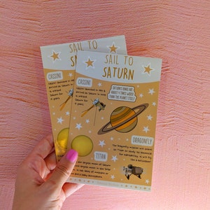 Stickerblad: Vaar naar Saturnus. Kiss cut vinyl stickers, outer space sticker en factsheets