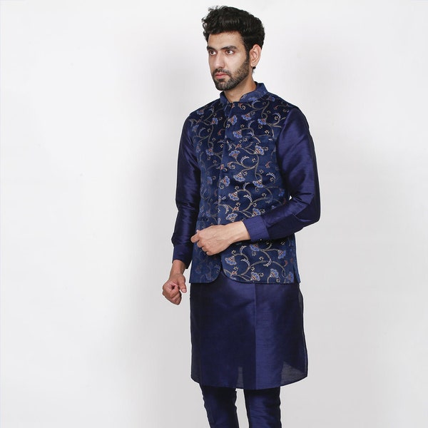 Pyjama Kurta en soie avec veste Modi, veste Nehru avec pyjama kurta, robe de mariée pour hommes, pyjama Kurta avec veste, manteau de taille indien, gilet