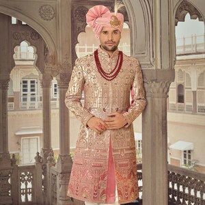 Pink Zari Embroidered Sherwani For Groom,Groom Sherwani,Sherwani for men,Sherwani,groom dress for wedding,sherwani for men wedding image 1