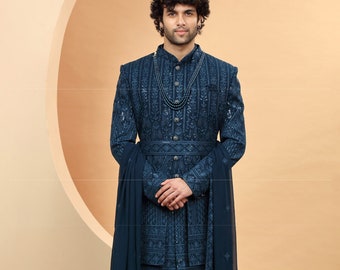 Blue Embroidered Sherwani for Groom,men wedding sherwani,mens indowestern,groom wedding sherwani,men sherwani for wedding,sherwani for men