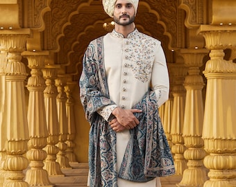 Cream Embroidered Sherwani In Art Silk,Groom Sherwani,Sherwani for Men,Sherwani,Groomsmen dress for wedding,sherwani men wedding,sherwani