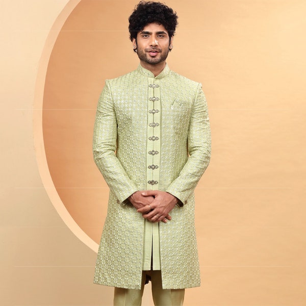 Green Layered Designer Indo Western Sherwani For Men,mens wedding sherwani,mens indowestern,groom wedding sherwani,mens sherwani for wedding