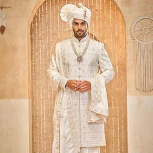 Cream Embroidered Sherwani with shwal,mens wedding sherwani,mens indowestern,groom wedding sherwani,men sherwani for wedding,Sherwani