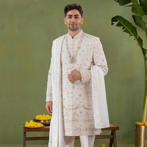 Cream Color Thread Emroidered Sherwani with Dupatta,Sherwani for men,wedding sherwani,Sherwani for groom,designer wedding sherwani,Sherwani
