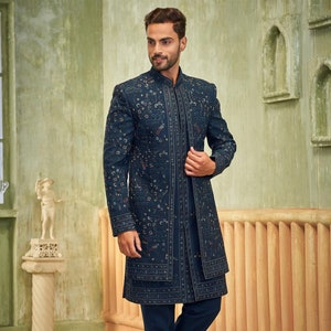 Teal Green Embroidered Jacketed Indo Western Sherwani,mens wedding sherwani,mens indowestern,groom wedding sherwani,men sherwani for wedding