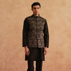 Schwarze Farbe bestickte Nehru-Jacke mit Kurta-Pyjama, Hochzeitskleid Für Männer, Kurta-Pyjama mit Jacke, Weste, Nehru-Jacke, Modi-Jacke