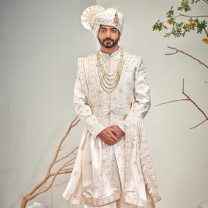 Cream Embroidered Sherwani with shwal,mens wedding sherwani,groom wedding sherwani,men sherwani,Sherwani for men wedding,Sherwani