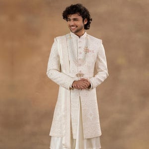 Cream Embroidered Sherwani with shwal,mens wedding sherwani,mens Sherwani,groom wedding sherwani,men sherwani for wedding,Sherwani for men
