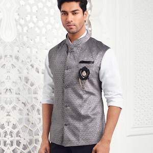 Grey Color Italian Fabric Nehru Jacket with Mirror embroidery all Over