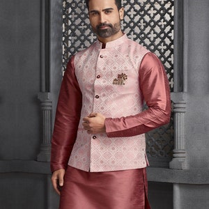 Rust color Jacquard Silk Nehru jacket with silk kurta pyjama