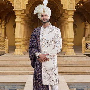 Cream Color Emroidered Sherwani for men With Embroidered Shwal,Groom sherwani,Sherwani,Achkan Sherwani,Sherwani For Men,Indowestern Sherwani