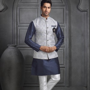 Cream Color Jacquard Silk Nehru Jacket With Blue Colo Silk Kurta Pajama