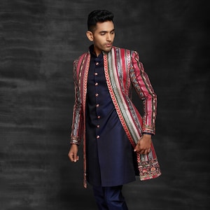 Blue Jacket Style Silk Indo Western With Embroidery,Indowstern,wedding dress,Indian ethnic sherwani,Groom Indowestern sherwani,Sherwani