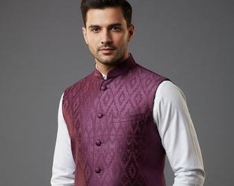 Vinfärgad Jacquard-siden Nehru-jacka: Indisk väst