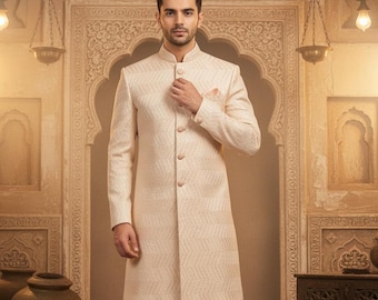 Handcrafted Peach Embroidered Indo Western Suit, Groom Wedding Outfit
