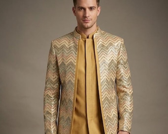 Hilo de color mostaza bordado frente abierto Indowestern, Indowestern para hombres, Indowestern sherwani para hombres, ropa de hombres indios, Hombres Indowestern