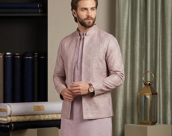 Elegantes Malvenfarbenes Jodhpuri-Jacken-Set für Männer mit Kurta & taillierter Hose, Jodhpuri-Anzug, indische Männerkleidung