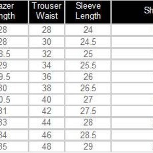 Puede incluir: Una tabla de tallas para ropa de hombre, que muestra las medidas de pecho, talla de la prenda, largo de la chaqueta, cintura del pantal&oacute;n, largo de la manga, hombro y cuello. Las medidas est&aacute;n en pulgadas.