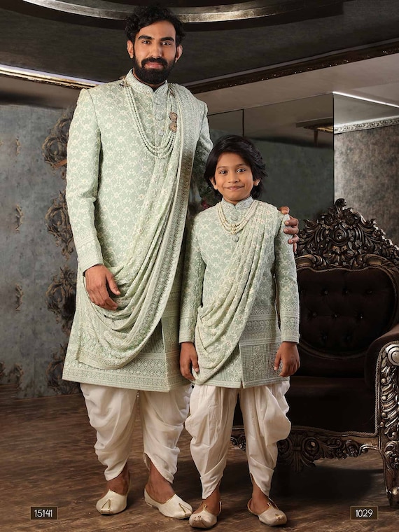 Green Embroidered Sherwani With Dhoti Set indian Wedding Sherwani