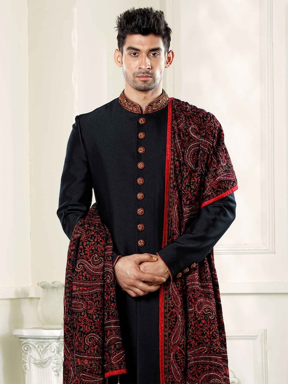 Black Achkan Sherwani With Embroidered Shawl designer Black Sherwani in Italian Fabric Best for Wedding sabyasachi Design Sherwani Etsy Canada