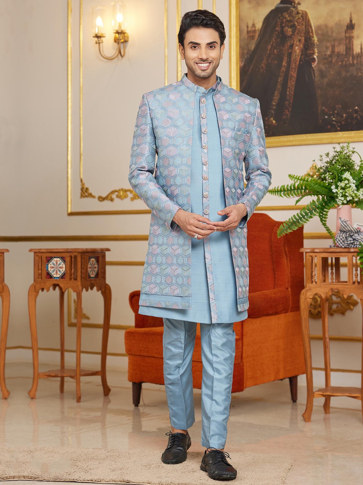 indo western dress blue White and Blue Kalankari Ankle-Length Dress main image 1