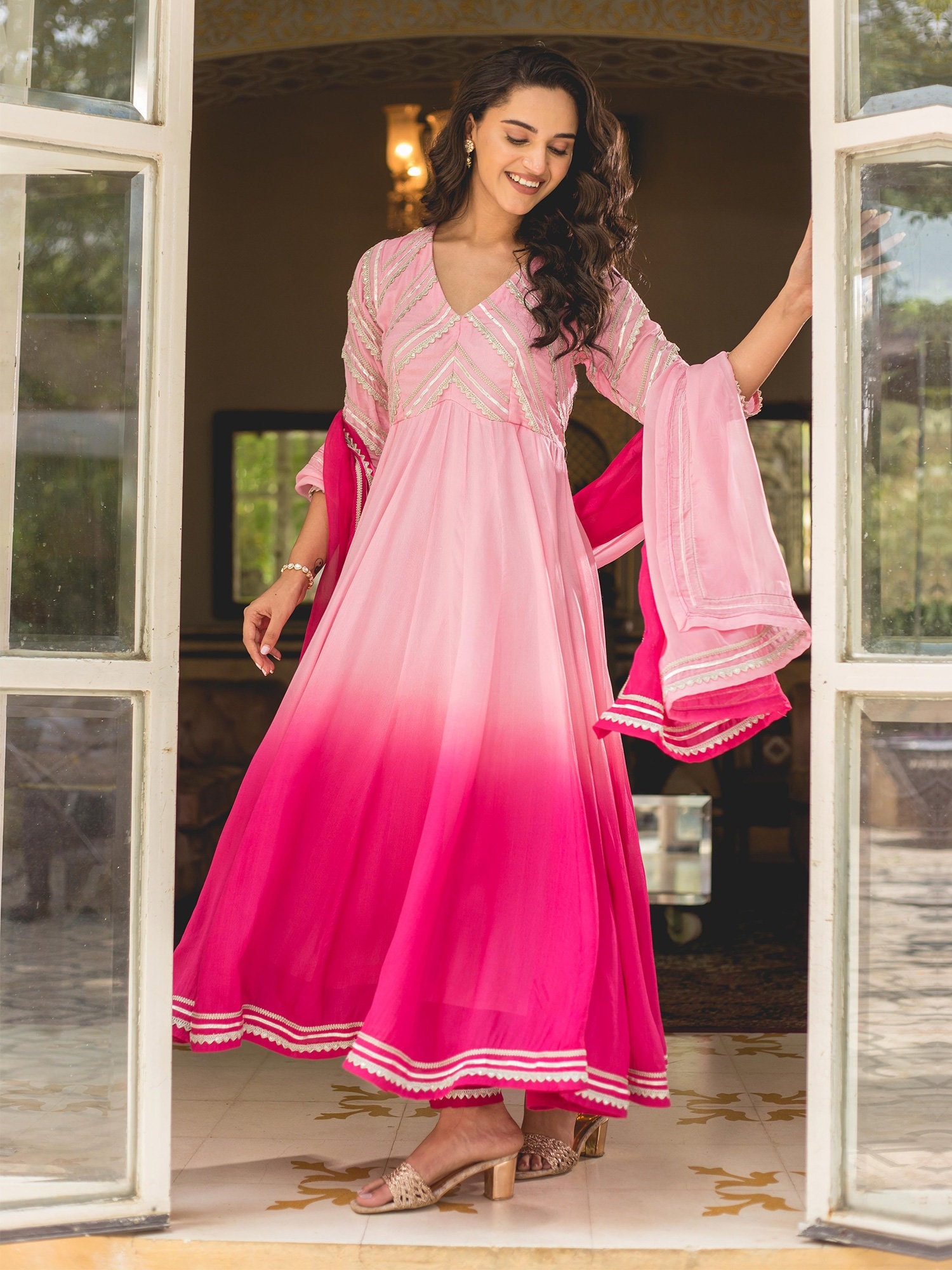 Pink White Sudithar Hand Painted Salwar Suit